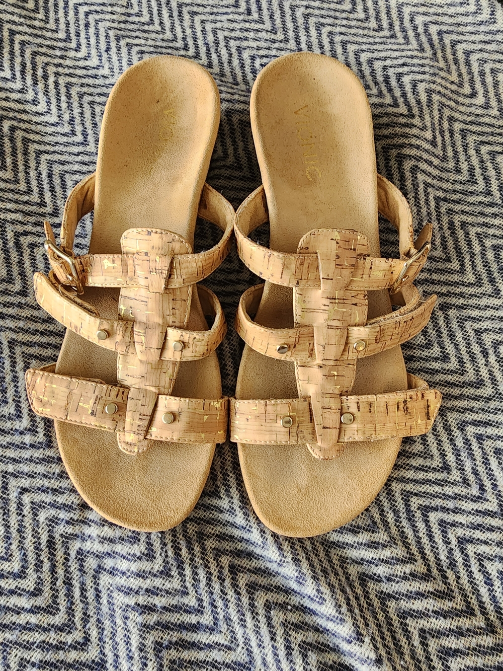 Vionic Radia Strappy Cork-Style Tan Gold Accents Slide Wedge Sandals
